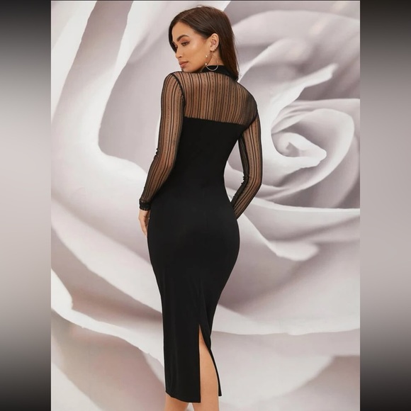 Mock Neck Contrast Mesh Sheer Split Back
Bodycon Dress - Black Shimmer Glitter - Picture 5 of 11